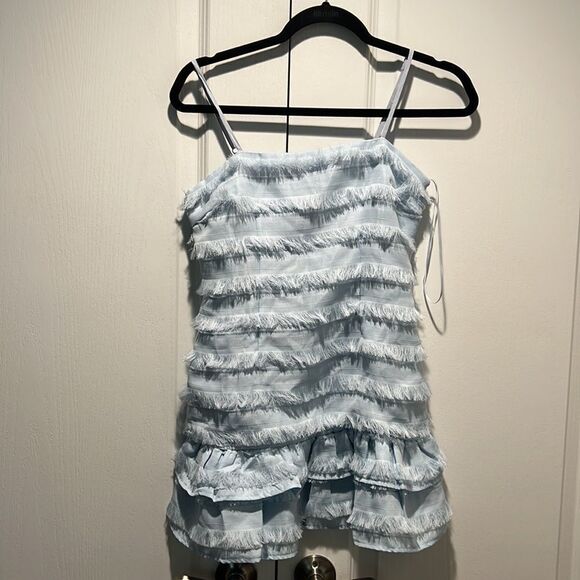 Princess Polly Molina Mini Dress-Light Blue Ruffle Fringe Spaghetti Strap size 4 - Picture 5 of 7